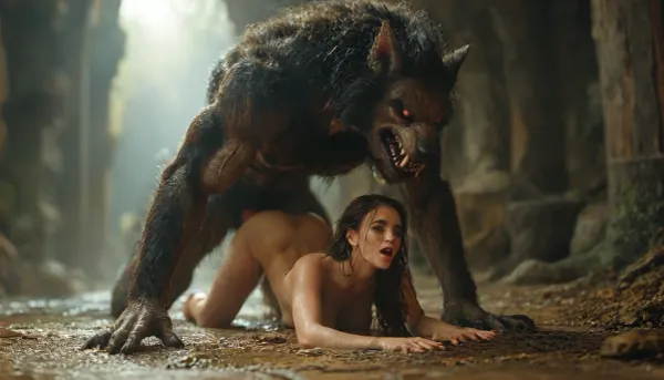 (Movie poster for a 1960s horor movie version of breakfast at Tiffany's:1), Werewolf, massive red knotted werewolf penis, red eyes, doggystyle sex, beautiful warrior woman, rough sloppy sex, primal mating, cum inside, growling, impregnation, moaning and drooling from the mind melting orgasm, big full boobs, impossible fit, grabbing her waist, grabbing hair, modern-werewolf, <lora:Modern_Werewolf:.8>, <lora:MJ52:1.1>