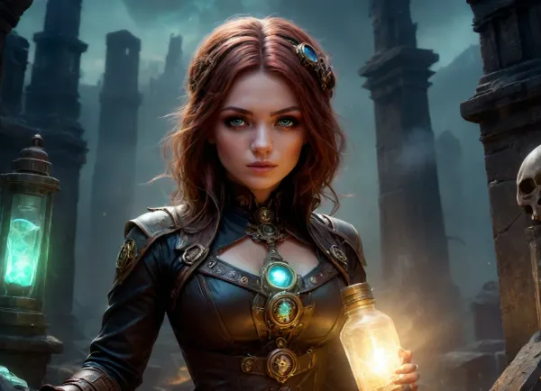 masterpiece, best quality, highres, female, (bronze steampunk:1.5), chemist, powerful pose, pulling energy up from ground, foggy ruins, (graveyard), at night, tombstones, (necropolis), crystal, holding large vial glowing inside, decay skeletons, (glowing skulls smoking), <lora:SDXLFaeTastic2400:1>, <lora:add-detail-xl:1.3>, <lora:654321_training_data:1>, <lora:face_xl_v0_1:1.2>, <lora:EnvyCrystalXL01:1>
