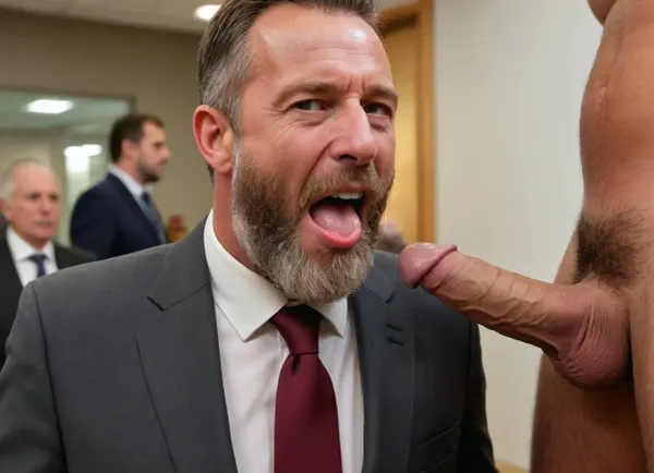 Portrait photo of a disgusted 60yo german male business man with a full beard and tears on his face in a business suit to suck a penis with a large ballsack in a bank branch. Laughing colleagues in the background, side-view, sideview, side view XL_Sevenof9_7th_NSFW, .5>, penis, Big, cock, <lora:WTS - WhatTheSuck - v1:.5>, <lora:SDXL_Sevenof9_7th_NSFW:.5>, <lora:MJ52:.1>, <lora:xpenis-1.5e:.2>, <lora:pein:.2>