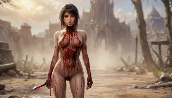 ((full body in shot)), ((brunette with a fringe)), ((anorexic)), a green and gray mutant in medieval rags and an elven amazon 21 years old \ \ collided in battle \ \ mutant growls \ \ the girl is very confident approaching \ the girl's figure is narrow shoulders wide hips thin waist her skin is blue her hair is very long purple complex hairstyle she is dressed in desert light armor \ \ the girl uses magic against the mutant \ the mutant's skin is gray and salty and he has zombie teeth, bloodyface, Blood_Covered, <lora:Blood_Covered-step00001743:1>, .Photorealistic, moody, Art, by, Boris, Vallejo, Style, <lora:Fantasy_art_XL_V1:.8>