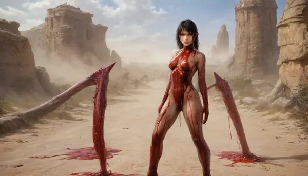 ((full body in shot)), ((brunette with a fringe)), ((anorexic)), a green and gray mutant in medieval rags and an elven amazon 21 years old \ \ collided in battle \ \ mutant growls \ \ the girl is very confident approaching \ the girl's figure is narrow shoulders wide hips thin waist her skin is blue her hair is very long purple complex hairstyle she is dressed in desert light armor \ \ the girl uses magic against the mutant \ the mutant's skin is gray and salty and he has zombie teeth, bloodyface, Blood_Covered, <lora:Blood_Covered-step00001743:1>, .Photorealistic, moody, Art, by, Boris, Vallejo, Style, <lora:Fantasy_art_XL_V1:.8>