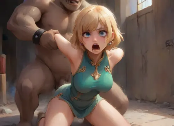 Anime gyaru girl, with cheongsam dress, tied up, fucked in standing position, by giant orc army soldier, runny makeup, crying, yelling, in concrete prison, <lora:Animated_Concept:1.5>