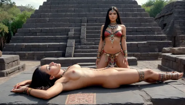 nude Native American girl 18 years old, thin, very large heavy breasts, long legs, very long straight black hair, ((lying on her back, on basalt sacrificial altar on top of pyramid, arms spread apart)), (((Aztec priestess standing next to the altar, in ritual costume, with obsidian ritual knife in hand))), priestess preparing to cut out a girl's heart, Aztec art, with a beautiful exotic priestess, pyramid, young woman with long dark straight hair, style, Aztec civilization, Aztec city at the height of the Aztec Empire, pyramids, canals, the whole body in the frame, super detailed image, 4K quality, side view