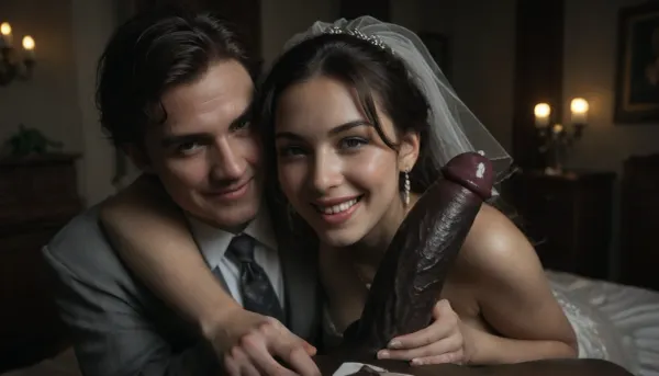 interracial, pov of black penis ., (((1white cuckold husband in suit is behind the bride hugging the bride he is happy and look at the camera))), very large black penis, The happy chubby Persian bride in sexy wedding dress, cum driping bride's chain' cum driping from black penis, drinking sperm from transparent glass cup, there is glossy and sticky sperm in cup, cup full of sperm, cum swallowing, ((gokkun)), cum dripping from the corners of her lips, The woman holds the cup under the black cock., happy, <lora:671410_training_data:.4>, <lora:dark:.5>, <lora:677862_training_data:.8>, <lora:happy_v2:1>
