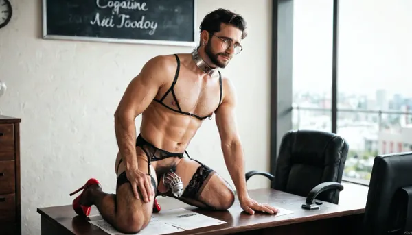 hairy gay men, 65 years old, black short haircut, wearing glasses, angular jawline, wearing white satin push bra, hairy gay boy, sissy gay, short black hair, flat hairy chest, men face, with a beard, sissy boy gay masculine body, hairy body, hairy hands, hairy legs, male muscular men gay is being fucked by a black muscular man, cock and balls in a metal chastity cage, hyper realist, gay masculine hairy body, short black haircut, ashamed, humiliated, reveal his cock in a metal chastity cage, he wearing white satin push bra, metal collar, sissy boy gay, hairy, excessive cum, penis locked in chastity metal cage device, hairy chest guy, 55 years old man gay muscular man gay, with beard, bending over, wearing garter straps, wearing black satin gloves with white ruffle lace, wearing brown nylon shiny stockings, with white sheer double lace band, wearing black satin garter belt straps, with white ruffle lace, he wearing high platform red shoes, wearing white stockings, red high heels, and an office uniform sits on the desk in front of her with a blackboard background, she wearing round glasses, full body shot, cinematic photo-realistic style, high resolution, high detail, hyper-realistic, cinematic lighting, sharp focus, studio photo, intricate details, highly detailed, high-quality photography style.