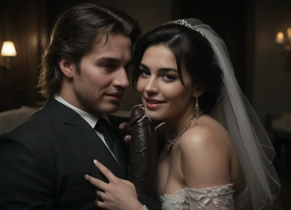 interracial, (pov of black penis), (((1white cuckold husband in suit is behind the bride hugging the bride))), very large black penis, The happy chubby Persian bride in sexy wedding dress, cum driping bride's chain' cum driping from black penis, (((sperm in from transparent glass cup, there is glossy and sticky sperm in cup:1.2))), cup full of sperm, cum swallowing, cum dripping from the corners of her lips, The woman holds the cup under the black cock., <lora:671410_training_data:.8>, <lora:dark:.5>, happy, <lora:happy_v2:.8>, romantic_couple_poses, <lora:1365620_training_data:.8>