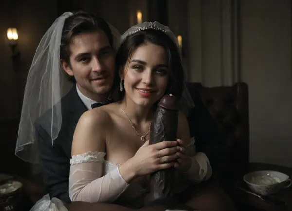 interracial, (pov of black penis), (((1white cuckold husband in suit is behind the bride hugging the bride))), very large black penis, The happy chubby Persian bride in sexy wedding dress, cum driping bride's chain' cum driping from black penis, (((sperm in from transparent glass cup, there is glossy and sticky sperm in cup:1.2))), cup full of sperm, cum swallowing, cum dripping from the corners of her lips, The woman holds the cup under the black cock., <lora:671410_training_data:.8>, <lora:dark:.5>, happy, <lora:happy_v2:.8>, romantic_couple_poses, <lora:1365620_training_data:.8>