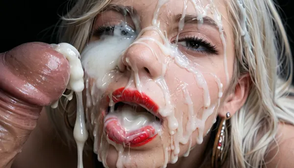 (Macro photo), (extreme close up:1.2), front view, Photorealistic, high resolution, professional photography, close-up of lips, zoom in on lips, red lipstick, short smooth blonde bobcut hair, topless, cum dripping from chin, tongue sticking out, black background., (Cum details), realistic cum, Prominent cum, (white cum:1.7), cum on, (Cum flows:1.2), (cum on body:1.3), cum on head, (cum on face:1.3), bukkake, ((body covered with semen)), cum, face, Face covered in cum, (A lot of cum:1.5), <lora:JustCum:.9>, <lora:cum_in_eye_deepmind:.9>