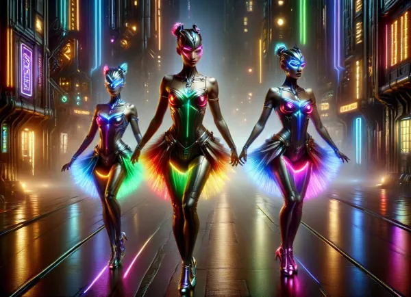 best quality, highres, (photorealistic:1.4), three female silver steampunk ballerina robots, jeté jump in gutter, neon city, wet alley and gutter, DonMSt34mPXL, (large glowing tutu), Belle, D_Ewir3s, Dark, electric, neon, wires, cyberpunk, dark, background, ral-gamingrig, fullbody, rainbow colors, detailxl, <lora:DonMSt34mPXL-000006:.9>, <lora:520685_training_data:1.4>, <lora:D_Ewir3s  SDXL lora:1.1>, <lora:ral-gamingrig-sdxl:1.1>