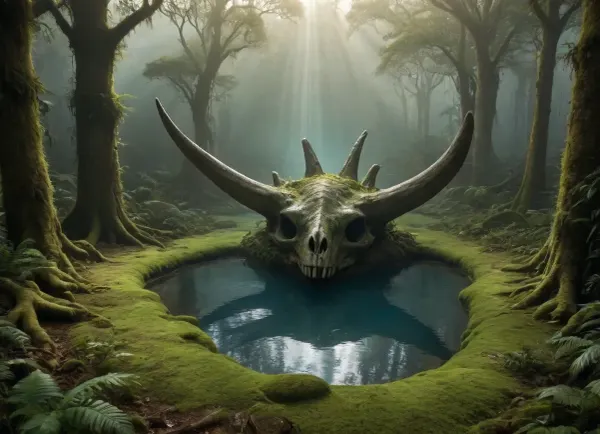 From above, through the ragged clouds, you can see the endless jungle — a green ocean of intertwined crowns, pierced by the golden rays of the sun. In the middle of the thicket, like an ancient god buried in the ground, lies a giant dinosaur skull, its bones are covered with gray-green moss, embedded in the soil, and its eye sockets are the size of lakes filled with crystals that reflect light like mirrors. Nearby, a river meanders with azure water, resembling a snake, and in the distance rocks soar with waterfalls, throwing down streams of liquid sapphire. A helicopter flies over the stage, its shadow skimming through the trees, revealing car-sized petrified footprints on the bank. The air is filled with bioluminescent pollen shimmering in the sunset, and winged lizards with a wingspan of tens of meters circle the jungle, their shadows sliding across the moss, emphasizing the scale of the ancient remains. Vines, like glowing veins, encircle the skull's teeth, and tree roots, like arteries, grow into its bones, merging the dead and the living into a single ancient organism.