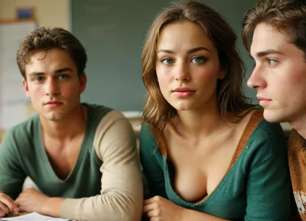 35 year old woman Teacher, 1woman and 1boy looking at each other, leaning way over, leaning over male high school student's desk, downblouse, in front of male student, male student sitting in front of her looking right at her tits, male student staring down her shirt, sweater, classroom, students sitting at their desks, low angle shot, realistic, realistic faces, realistic bodies, <lora:RealDownblouseXL2:.8>, green, eyes, blue, brown, perfecteyes, <lora:PerfectEyesXL:.8>, <lora:MJ52:.8>