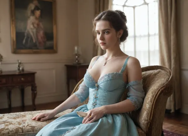 beautiful 1890, a naval vessel, a very beautiful European noblewoman in a Victorian dress, (She wears a bespoke, sapphire blue silk dress, its intricate lace detailing shimmering subtly in the light, her fingers adorned with elegant rings), with a elegant hair style of that era, slutty, tall, slender, jewels on her neck, navy color dress is expressive green eyes, pale skin, perfect face, breast expansion, medium breasts, rounded breasts, (firm medium natural breasts:1.3), upright breasts, (lean body:1.3), super waist, hourglass shape.A majestic Victorian drawing-room, bathed in the warm, golden light of a late afternoon sun streaming through tall, arched windows. The centerpiece is a richly upholstered, emerald green velvet armchair, where a refined woman The dress cinches her waist, highlighting her elegant posture as she holds a delicate porcelain teacup, her fingers adorned with elegant rings. Her body language exudes quiet confidence and composure, her gaze directed thoughtfully towards a distant point, lost in thought. The room's walls are adorned with oil paintings in ornate gilded frames, depicting pastoral scenes and aristocratic portraits. A Persian rug, rich in texture and deep jewel tones, lies beneath the armchair. The overall atmosphere is one of refined elegance and quiet luxury, reminiscent of a pre-Raphaelite painting. The style is characterized by intricate details, soft, diffused lighting, and a muted color palette emphasizing deep blues, greens, and golds. Rendered in a photorealistic style with a painterly touch, emphasizing rich textures and soft light, wide angle shot., victorianstyle, <lora:victoriansxl_v1:.5>, <lora:Omnia_Daily_Life-000005:.5>