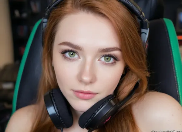 (18 Year old gamer girl:2), (headphones, twitch streamer, sitting in a gamer chair:1.5), (Irish, pale skin, freckles, freckles on face), (web cam snapshot, portrait, face portrait with emphasis on her eyes, close up of face, fisheye lens:1.5), (ring lighting, ringing lighting reflected in eyes), (Scandinavian and Irish features), (photorealistic, photo realistic, photorealism, photo realism:1.8), (4k, 8k, 8k resolution, best quality, ultra quality, highest quality, maximum quality, uncompressed, raw source photograph:1.2), (same color eyes, symmetric eyes, matching eyes, detailed eyes, detailed iris, detailed pupils, limbal ring around iris, perfectly round iris, perfectly round pupils:1.4), (detailed skin, high detailed skin, intricately detailed skin, perfectly detailed skin, high quality skin, highest quality skin, exquisitely textured skin), (intricate clothing, detailed clothing), (microblade eyebrows, perfectly manicured eyebrows), (flushed cheeks, flushed neck, blushing cheeks, blushing neck), (overfilled lips, juicy lips, filled lips, puffy lips, glossy lips, her thick wet lips are slightly parted, nervously biting lower lip, lip bite, lip biting), (casual makeup, subtle makeup, natural makeup), (narrow jaw, delicate jawline, pointed jaw and chin, heart shaped face, pixie face, fairy face, fae features, extremely feminine face, round face, chin, mouth, high cheekbones, sharp cheekbones, faint vellus hairs, cute tall tall tall dimpled cheeks), (upturned button nose, upturned nose, delicate nose, nose), (long hair, wavey hair, loose hair framing her face, messy hair, tousled hair, bed hair, sex hair, dark ginger hair with dark roots), (eyes slightly crossed, big eyes, wide eyes, doe eyes, slightly wide set eyes), (striking eyes, captivating eyes, mesmerizing eyes, fae eyes), (pale green eyes with golden flecks), (huge breasts, large breasts, large natural breasts), (athletic body, sporty body, lean body, muscular body, muscle shoulders, defined shoulders, rock climber body), (close up portrait of face, tight closeup of face, closely zoomed in on face, tight in on face, extreme closeup), (looking straight into the camera, looking straight ahead, head slightly raised, gazing lovingly straight into the camera, looking down on her from above), (she's in love, adoring gaze), (no nudes, nonnude), (relaxed posture, casual pose, casual outfit, casual attire, casual underwear), (loving expressing, adoring expression, joyous, joyful, pleased), (girlfriend, girlfriend material, girlfriend experience)