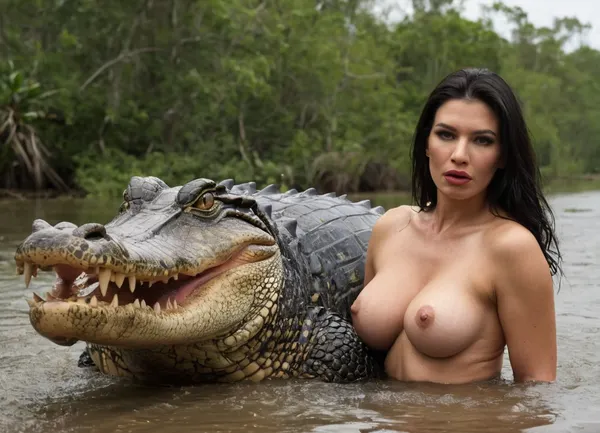 Russian bimbo brunette 35 years old hooker in a amazon river swimming away from alligators. ultra-detailed. view from distance. arrogant proud face. plump sensual lips. 56F cup round silicon breasts. upturned sexy eyes. long extended eyelashes. bright vulgar makeup. long straight black hair. wearing cropped bando top tied on a knot., ((angry giant alligator with open muzzle behind filthy hooker:1.6))