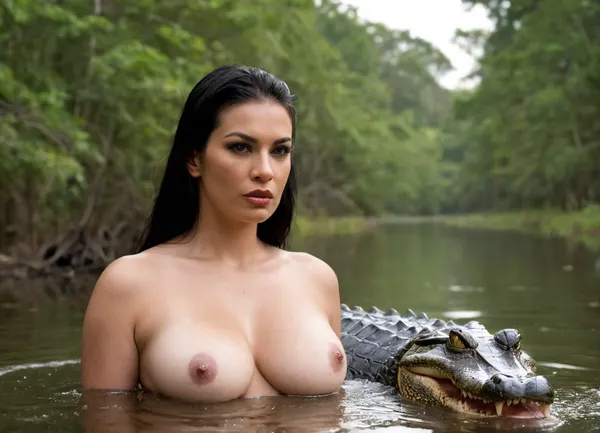 Russian bimbo brunette 35 years old hooker in a amazon river swimming away from alligators. ultra-detailed. view from distance. arrogant proud face. plump sensual lips. 56F cup round silicon breasts. upturned sexy eyes. long extended eyelashes. bright vulgar makeup. long straight black hair. wearing cropped bando top tied on a knot., ((angry giant alligator with open muzzle behind filthy hooker:1.6))