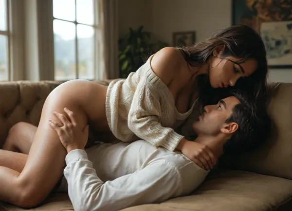 score_9, score_8_up, score_7_up, score_6_up, beautiful face, (college couple hooking up on a dorm room couch), 1man, 1woman, (((69 position:1))), (couch), (man laying sideways on couch), ((man's head covered by girl's thighs)), ((girl straddling Man's face)), ((girl on hands and knees)), (man grabbing girl's hips), ((blowjob)), cunnilingus, girl with fit figure, (girl wearing oversized sweater only), chunky knit sweater, (overflowing cleavage), (sweater falling off shoulders), medium hanging breasts, one nipple peeking out, girl wearing no pants, man wearing unbuttoned Oxford shirt, window, (third-person perspective), (side view), (fully clothed), fashionable, perfect body, long haired girl, (horny expressions), morning sunlight, (((perfect anatomy))), (realistic anatomy), ((realistic pose)), <lora:attractive_notrigger:.4>, <lora:MJ52:.7>, <lora:dark:.1>, <lora:day_to_night_ntc:1.6>