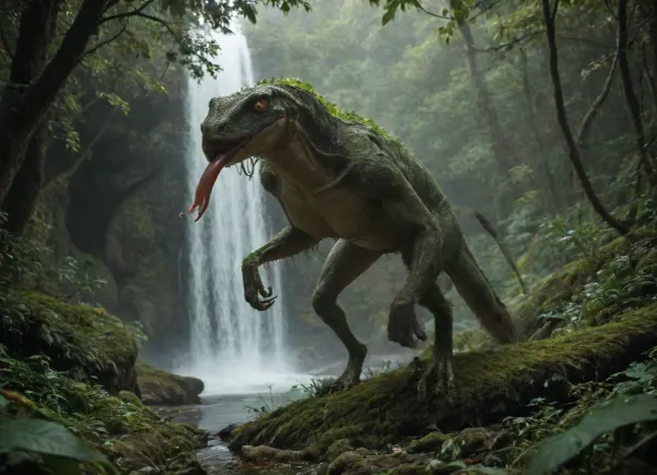 A full-body fantasy amphibian girl standing near a waterfall in tropical jungle setting, post-apocalyptic and mystical atmosphere. She has mutated features, green frog-like skin, visible yellow gills on the neck, snake-like slit pupils in her eyes, and a forked lizard-like tongue slightly sticking out. Her outfit is primitive and forest-themed made from leaves, vines and animal hide, barely covering her modesty. She’s looking directly at the viewer with predatory curiosity and primal intelligence. The scene takes place near a powerful waterfall surrounded by lush vegetation, mist, moss-covered stones and glowing fungi. Style, dark fantasy, dystopian, mystical realism, high detail, cinematic lighting.