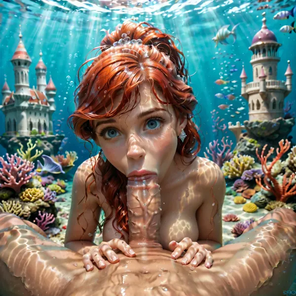 disney, redhead Princess ariel, the little mermaid, mermaid body, topless, messy hair, looks curious, wet body, wet hair, detailed background, perfect detailed body, detailed skin texture, cute face, realistic face, full body view, under the sea, sucking dick, deepthroat, happy, enjoying, stroking dick, pov, nude, breast exposed, FRESHIDEAS, Underwater, Palace, mermaid, pov_deepthrt, deepthroating, a, man's, penis, blsdp, <lora:FRESHIDEAS Underwater Palace:.8>, <lora:mermaid_xl_v1:.8>, <lora:concept_pov_dt_xl2-000020:.8>, mega, ponytail, big, hair, <lora:xl_mega_ponytail-1.0:.8>