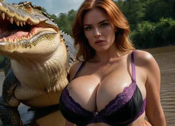((perilous scene:1.4)), ((side view from below:1.5)), ((Dutch angle shot:1.5)), ((closeup view:1.5)), 35 years old milf busty hooker at the Amazon riverbank, ((struggling with giant crocodile:1.7)), voluptous curvy body in unnatural posture, filty agressive face, ((gunshot wounds of her breast:1.6)), ((bloody spots on her breast:1.4)), ((blood:1.6)), long voluminous wavy disheveled ginger hair, ((tence pose:1.4)), huge round breasts, (wide round ass:1.3), (narrow waist:1.5), (dressed in black and purple Agent Provocateur lingerie from "Ozella" collection:1.4), ((correct fingers with manicured nails)), RAW image, DSLR photography, 8K, best quality, sharp focus, detailed, eyes, perfect, freckles, skin, texture, photorealistic, large, breasts, big, boobs, huge, tits, <lora:add-detail-xl:.8>, <lora:Super_Eye_Detailer_By_Stable_Yogi_SDPD0:.8>, <lora:bombshell_v2:.4>, <lora:681678_training_data:.8>