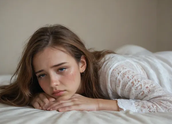 masterpiece, hyper realistic and detailed faces and emotions, intimate photo, homemade, sad 18 yo ginger girl, long hair, youthful face, (tears, sad:1.5), russian, beautiful innocent big sad eyes, insanely adorable, cute, gorgeous, light freckles, luscious sensual lips, natural beauty, eternal beauty, ageless beauty, (her face and expression showing a mix of submissive, sad, crying, face, orgasm face, shy, blushing, sensual, very shy, sad face, sad eyes, painful face, pain), half open eyes, prone bone, moaning, sweaty, creampie, waist, hourglass figure, 3/4 view, full body view, full body shot, side view, natural lighting, soft cozy lighting, intimate lighting, ultra detailed