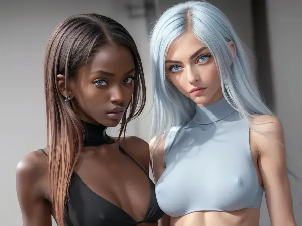 Ultra realistic, perfect face, perfect eyes, (((Very skinny))), 2girls, (black), girl, (tiny ass), ebony, (eye contact), shaved pussy, random camera angles, random pose, ((small boobs)), (small hard nipples), random hair colour, ice blue eyes, full lips, full body view