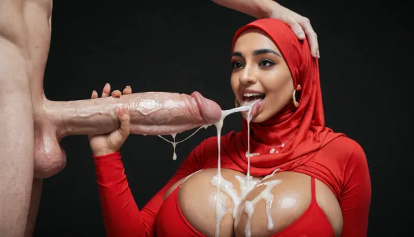 curvy beautiful Muslim woman in a tight red hijab, (milf:1), red spandex top, dark eyes, massive breasts, amused, surprised, happy, licking the head of a massive cock of a white male with a gigantic thick 25 inch penis, huge erection, handjob, cumshot on tongue, (ejaculation:1.2), excessive cum on breasts, cum on tongue, cum dripping from tongue, black room, black background.