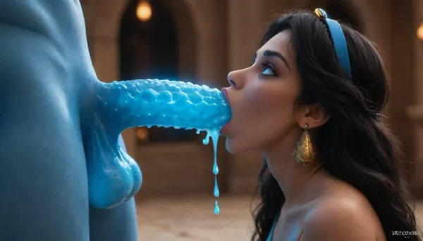 (((Jasmine from Disney movie Aladdin))), ((glowing blue Genie creature huge dick from Disney movie Aladdin)), ((glowing Genie creature body)), (glowing skin), (((glowing blue cum))), (deepthroat)