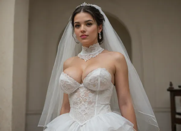 ((Curvy Busty Iranian Bimbo)), interracial, Super Giant extreme exclusive large thick black dick, muscular black skin brute, Avant-garde bridal gown with a bold architectural design. The upper bodice is fully striped, made from soft, loose-flowing matte fabric such as heavy crepe or structured chiffon. The fabric gently drapes over the shoulders, neck, and chest, forming a modest high-neck collar and covering the bust without clinging to the body. Curvy iranian bride, The coverage ends abruptly and precisely just at the nipple line — creating a dramatic and intentional cutoff with no lace, mesh, or transition. Below this point, the skin is fully exposed or transitions directly into a minimalist high-waisted skirt, making the exposed midsection an intentional and striking design feature.

The contrast between the modest, flowing upper section and the sudden exposure beneath creates a radical, editorial look that challenges traditional bridal aesthetics. The overall silhouette is clean, minimal, and sculptural.

Color palette, pure white or ivory, with no embellishment — relying on shape and concept alone for impact. Accessories, none or very minimal, to emphasize the raw form of the gown.