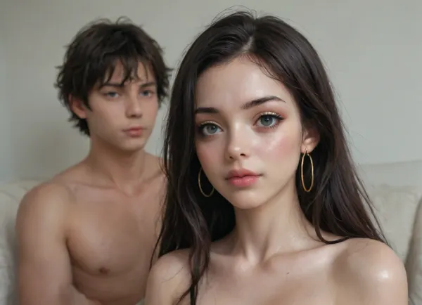 Nezuko from demon slayer, sadako, Japanese, (teen:1.5), instagram slut, perfect skin, thick lips, extremely beautiful face, head to thighs, elsa from, messy hair, bangs, gorgeous, waist, big lips, smilling face, girl and boy are sitting on sofa, at bedroom, a young man sitting beside her, dangling jewelry, hoop earrings, tamada heijun art, perfect body, beautiful shiny long hair, wet skin, extremely realistic, beautiful face, seductive look