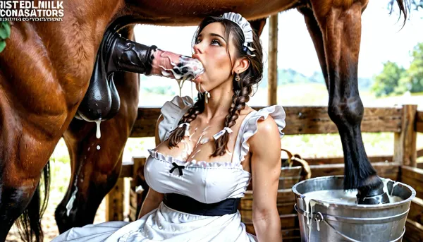 Beautiful woman, dark skin, large breasts. Hair in braids. Milk maid dress. Collecting cum from minotaur in a large bucket. Large horse penis ejaculating into bucket. Large horse penis in womans mouth. Minotaurs penis making womans throat bulge. Thriat stuffed with horse penis. Bucket overflowing with cum.
