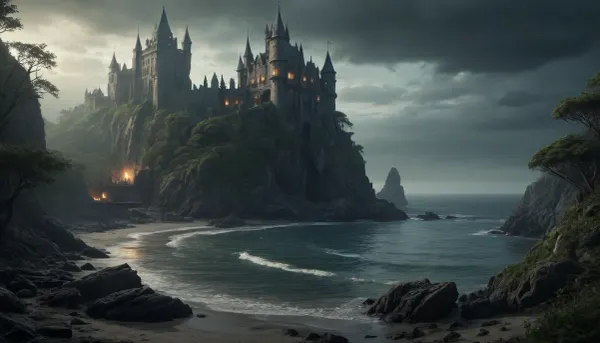 The scene is made on the ocean shore with vegetation in the style of dark fantasy-a dystopia with a very detailed and atmospheric environment. The world in the water is magically infected with glowing anomalies, perverted nature, and the remnants of vanished civilizations. The light is unnatural, casting eerie shadows. The art style combines elements of medieval fantasy.