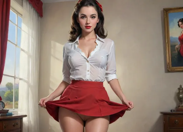 A oil painting, full body, inspired by Gil Elvgren, a woman in a red skirt posing for a picture, transparent white blouse, small breasts, digital art, Artstation contest winner, breasts covered and sfw, at target, beautiful arab woman, highly detailed vector art, it absolutely outstanding, full body pictures, brunette brunette, nicely detailed, clean and neat, beautiful symmetric, lovely and cute, ((unrealistic)), ((surrealism)), ((detailed beautiful face)), Studio, <lora:oil painting:.8>, <lora:flat_chested_v3.5:.5>, <lora:xl_more_art-full_v1:.5>, <lora:skirtlift_xl:.5>