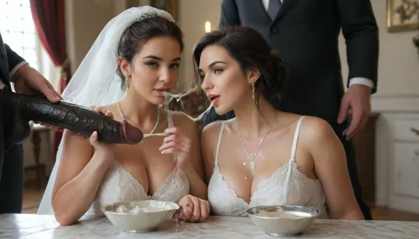 interracial, (((3black skin brute, giant thick black penises))), Persian bide, super busty bride, nice cleavage, sexy wedding dress, (((cumshot on cleavage))), a erotic and dark high-fashion wedding scene of a bride and groom sitting at an elegant head table during their reception, both wearing luxurious and highly detailed wedding dress, black hair, Iranian woman, curvy, — the bride in a glamorous lace gown with pearl embellishments, the groom in a sleek black suit with velvet details. They are smiling sensually while, (((eating thick, glossy white cum with hands from elegant crystal bowls:1.4))), . The table is decorated with white roses, and giant black dick, and glassware. The cum glistens under soft ambient lighting, dripping slightly. Artistic, provocative, and cinematic style., on, knees, kn33s, <lora:Knees_Spread_SDXL:.8>, <lora:MJ52:.8>, ral-18thlxry, <lora:18th century:.8>