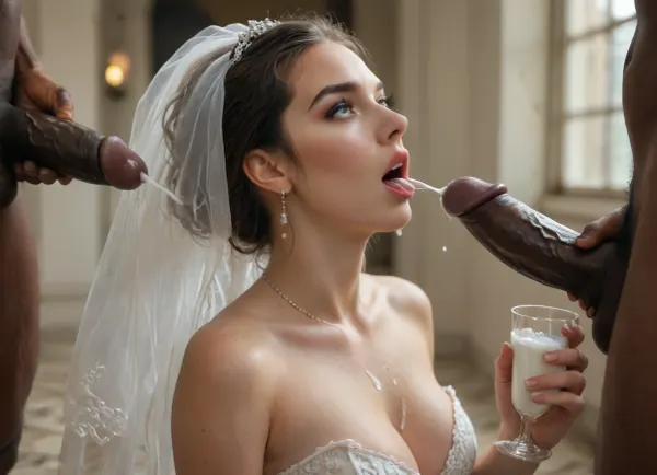 (((interracial))), 5giant black thick penises, perfect side view, Persian bide, super busty bride, nice cleavage, sexy wedding dress, a surreal and cinematic photo of a, (((beautiful Iranian bride tilting her head back while holding a clear glass jar high above her face with both hands, thick creamy white cum slowly pouring out of the jar and streaming directly into her open mouth:1.1))), ((cum puring into her open mouth)), . She wears a luxurious and detailed wedding dress with lace and pearl textures, her makeup is glamorous with a focus on the eyes. Her expression is intense yet graceful, soft lighting highlights the slime’s glossy texture and her elegant posture. High-detail fashion photography, dark blurred background, conceptual and provocative styling., ral-18thlxry, BadX, <lora:MJ52:.8>, <lora:18th century:.8>, <lora:dAIversityUnderstandingXLRealistic:2>, liner, shadow, run, off, lsrf, mascara, <lora:liner shadow run off-GMR:.8>