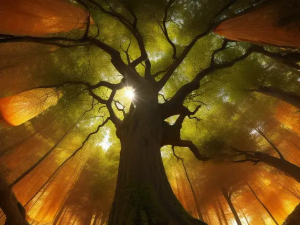 depicts a strong tree with deep roots and full branches against a rising sun, symbolizing strength, sustainability, and energy. The sun’s rays extend outward, representing power. The color scheme blends deep greens and bright yellows and oranges, denoting environmental consciousness and vitality. This design is bold, simple, and impactful. depicts a sweet little fairy, with a slender body, a pretty coquettish face, large, beautiful crystal eyes, big irises, heartshaped lips, aroused skin. The fairy flies, worm´s-eye view, # Kitty-Art