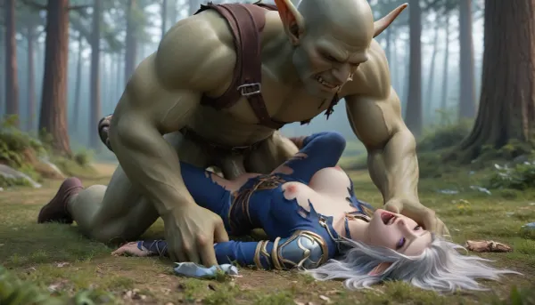 World of Warcraft, Sylvanas, medium tits, beautiful girl, bouncing boobs, orgasm, rough sex, detailed face, ahegao, forest, torn clothes, night elf girl, missionary, darkblue skin girl, brutal sec with giant green orc