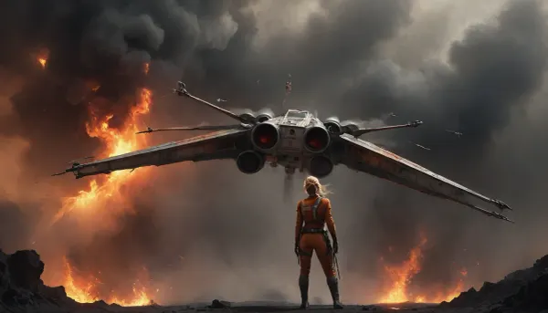 Star Wars setting. spaceport on a desert planet, a burning combat spaceship, (X-Wing:2), (full body view:1.8), sexy female X-Wing pilot hiding in dynamic pistol combat in front of an exploding and crashing X-wing. She looks slim, flat-chested, well armed, blonde, The pilot suit, completely torn to shreds, can no longer hide the beauty of her naked body, background, burning X-wing surrounded of thick smoke and flames, (smoke:1.8), (fire and flames:1.8), Black, and, white, art, black, shading, charcoal, toned, brutal, dark, b/w, color, scheme, X-wing, SMKY, cloudy, smoke, atmospheric, clouds, fog, <lora:Hell_Constantine_2005_-_Anime:.9>, <lora:Black and white art.V1:.5>, <lora:X-wing - XL:1.7>, <lora:Cloudy_Style:.7>