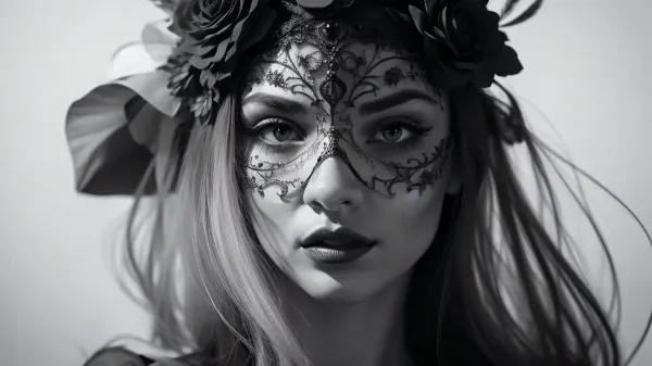 A illustration in bright pastels of a woman with an elaborate, gothic-inspired theme. She is shown from the shoulders up, with her face partially obscured by an ornate masquerade mask. The mask is highly detailed, featuring intricate, symmetrical designs with floral and baroque patterns, giving it a baroque and gothic feel. The woman's lips are painted a deep, dark color, matching the monochrome aesthetic of the image. Her hair is styled in an elegant updo, adorned with a crown of large, artificial white flowers, adding a touch of contrast and softness to the otherwise dark and dramatic scene. The background is a richly textured floral pattern, enhancing the baroque theme of the mask and flowers. The lighting is soft yet focused, highlighting the contours of her face and the textures of the mask and flowers, creating a dramatic and mysterious atmosphere. The overall composition is striking, with a strong contrast between the dark elements of the mask and lips and the lighter, softer elements of the flowers and background. The photograph captures a blend of elegance and gothic mystery, making it a captivating and visually rich image. elegant woman, baroque masquerade mask, intricate silver design, large ornate eyes, floral headpiece with white flowers, dark lipstick, bare shoulders, smooth skin, high contrast, detailed textures, vintage floral wallpaper background, dramatic lighting, mysterious and alluring, Renaissance-inspired, gothic and romantic, high fashion, classic beauty, soft shadows, sophisticated, timeless, artistic, portrait, close-up, fine art photography, fine details, delicate and strong features, enigmatic expression, luxurious, historical elegance, baroque style, beautiful composition, dark and light contrast, ethereal, captivating, elegant beauty, #©KITTYART
