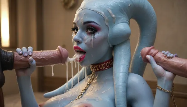 Masterpiece 3/4 portrait, (((full blue skin twi’lek alien from Star Wars))), 40 years old, (((sexy twi'lek MILF))), mature, tall, slim, graceful, elegant, classy, (((completely blue skin, blue face))), blue skinned legs, blue skin arms, best quality, masterpiece, POV view, high resolution, rough skin, detailed eyes, (((big huge fake tits topless:1.5))), (((bdsm slave collar))), (((man pulling chain leash:1.5))), ultra deep tanned, broad shoulders, big tits, beautiful detailed eyes, depth blur, visual key, vibrant, very detailed, inside a desert adobe hotel lobby, choker, opulent jewelry, soft and warm lighting, luxury details in the background, ultra-detailed, sophisticated ambiance, smiling at the viewer, accurate hands, detailed fingers, happy smiling, (((slutty bimbo heavy eyeshadow, mascara, lipstick:1.5))), (((giving a handjob:1.5))), 1horse, horse penis, (((angled side view))), (((excessive cum in mouth, cum dripping from face, cum on tits)))