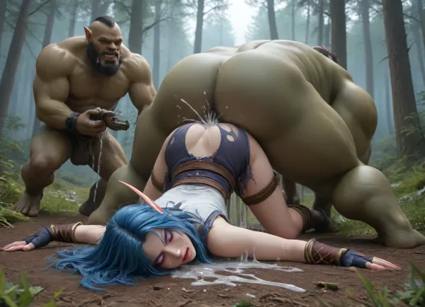 view from behind, ground level camera angle, wide shot, view of orc fingering night elf penetrating pussy, dynamic positioning, World of Warcraft, Sylvanas, medium tits, beautiful girl, exposed boobs, orgasm, rough fingering, forest, torn clothes, thin night elf girl, (pussy squirting excessively), darkblue skin night elf girl, blue hair, face down, ass up, (roughly fingered by angry orc), (huge, giant, fat, green orc), face covered in cum, excessive cum, anime, hugest, man, ever, cumming