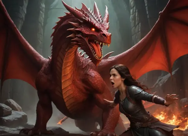 show me award winning Dungeons and Dragons cover art of a man and a woman battling a red dragon