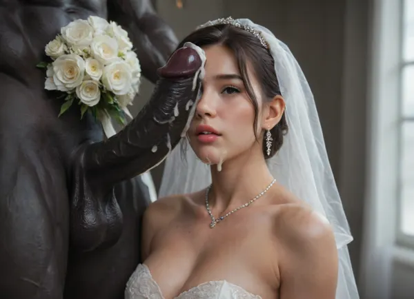 (Black skin muscular man), (very large and thick black cock), monster black cock, ((A close-up of a Korean Bride in wedding dress, Beside her lies a delicate white bridal bouquet)), ., (Thick, glossy white cum with creamy undertones is slowly poured over bride's face and the flowers, dripping down the sides and partially covering the eyes), . The lighting is soft and cinematic, enhancing the shine of the sperm, the texture of the slime, and the dark contrast of the background. The scene feels poetic, artistic, and symbolically messy—blending elegance with surreal distortion., facialized, superfacialized, <lora:facialized:.8>