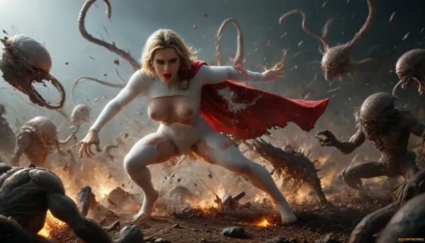 upper body, multipul angle, (many alien takes all of your clothes:1.3), (Powergirl from dcu), (red lipstick), many alien squeezes my breasts from behind, (demorphed monstruous alien:1.8), ((Fight an alien and lose)), (desperate expression), Being pranked by an alien from behind, (exploding cloths:1.5), many alien hands holds her from behind, Fight against many old alien tentacles, many alien hands gives me a leg lift, spreading legs, many alien hands asks me to open my legs and lift them up. caught by the alien hands and I can't escape, many alien fighting, in a strange planet, surrounded by alien tentacles, many alien hands grab female tits and nipple, she wears Powergirl uniform, (Powergirl uniform:1), (Powergirl ripped red cape), squeezed tits by many alien hands, alien grab her tits, alien hands groping her, holding guns, fighting, urrounded by many alien hands, rough nipple play, pulling on nipples, beautiful face, perfect face, highly detailed beautiful face and eyes, attractive face, long legs, stylish, Natural Breasts, perfect body, (fight is loose she tries to run away), roleplay, tits licking, (ripped hard abs), ((Escape from alien)), (Well-proportioned body:1.3), (detailed), (wallpaper), (cinematic lighting), (sharp focus), (intricate), dark, fantasy, ral-vlntxplzn, <lora:MJ52:1.1>, <lora:xl_more_art-full_v1:.6>, <lora:dark_fantasy_art:1.1>, <lora:Microwaist_XL_v01:1.4>, <lora:ral-vlntxplzn-sdxl:1.3>