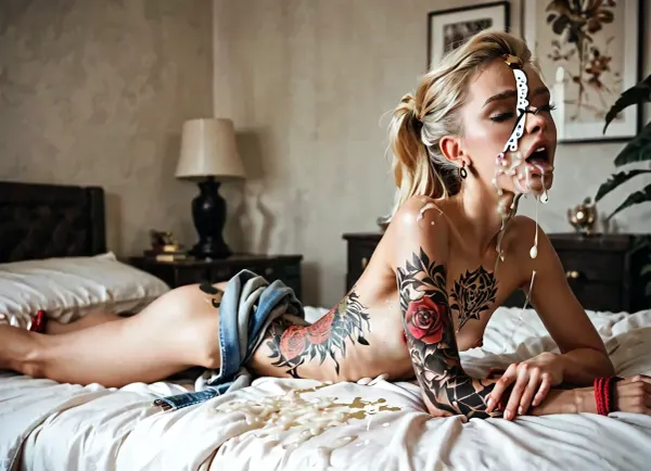 score_9, score_8_up, score_7_up, score_6_up, (beautiful blonde Dva), realistic blonde hair, lying on bed, bound legs and arms like a slave, full body tattoo, slavegirl, side view, a male is pissing and cuming on her chest and mouth, black guy fucks her ass, pissed in face and mouth, (cumshot:1), (excessive cum:1), moaning, (shaved pussy:1), bedroom, hetero, short thik dick, cum on breasts, cum on face, flat chest, skinny girl, <lora:piss_in_mouth_deepmind:1.2>