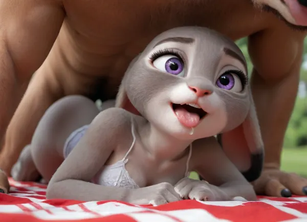 outdoor picnic scene is only of cartoon anthro animated furry yiff judy hopps with MASSIVE boobs in tiny white laced lingerie tight to her body laying on her stomach facing forward, judy hopps is laying on her stomach facing forward with her ass in the air, judy hopps face is up close with tongue out, massive boobs smooshed against the ground, very detailed grey and white judy hopps fur, judy hopps has a thirsty for sex look with her mouth open, no cum is in the scene but she wants cum, judy hopps is on a large picnic blanket ready for sex with her ass cheeks in the air, judy hopps with massive side boobs in white lingerie is laying on her stomach with her ass in the air. Juddy hopps is face down and ass up, Only judy hopps is in this scene, no human or additional character, judy hopps is lying on her stomach, judy hopps has massive GGG tits, massive tits, must have massive tits, furry yiff cartoon e621 animated judy hopps with gigantic tits, judy hopps face must be visible, perfect ears, use AI to make Judy hopps have massive tits, make sure judy hopps ears are facing correct way, no backwards ears, judy hopps has massive side boobs visible, Judy has seductive naughty facial expression, judy must be biting her lip seductively, larger tits, massive massive gigantic boobs on judy hopps, HUGE BOOBS, HUGE SIDE BOOBS, JUDY HOPPS BITING LIP IN PLEASURE, judy hopps has white cum in her mouth, cum in and around her mouth, cum puddle below judy hopps face