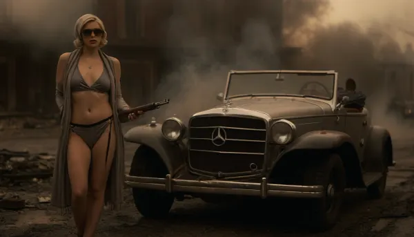 (warm ambient light:.5), (Full body view), Blonde slender flat-chested woman in 1950 after car accident with street sign, damaged and burning Mercedes-Benz W 136 built in 1945, she wears grey lingerie and a headscarf and large dark sunglasses, holds a submachine gun in her hands, (Thompson 1928 Chicago Typewriter Mafia-MG:1.7), sharp focus on woman, extremely blurred Mercedes background with fire and smoke, blurred due to the shallow depth of field, (smoke Mercedes:1.8), extremely much smoke comes out of the destroyed hood, cloudy, smoke, atmospheric, clouds, fog, <lora:sunlight_str1-SDXL_v1-dim64-steps1691:1>, <lora:MJ52:.5>, <lora:Cloudy_Style:1.6>