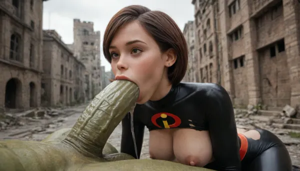 (Helen Parr from the Incredibles), (very petite), (mature), (very small slim elastic body), (short girl), (disproportionate), (extreme oral sex:1.6), (gigantic lizard monster dick:1.2), (mouth insane gap), (big breasts:1.2), (torn body suit), (best view:1.8), (in city ruins:1.2)