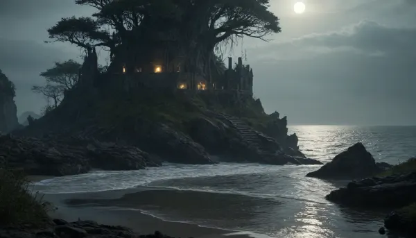 The scene is made on the ocean shore with vegetation in the style of dark fantasy-a dystopia with a very detailed and atmospheric environment. The world in the water is magically infected with glowing anomalies, perverted nature, and the remnants of vanished civilizations. The light is unnatural, casting eerie shadows. The art style combines elements of medieval fantasy.