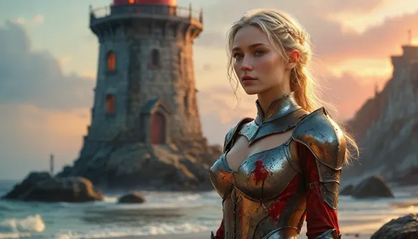 Full-body view of a slender, flat-chested, sexy blonde knight after a bloody battle. Her clothes are torn from battle, her armor broken. Covered in sweat, Various sexual positions with an attractive knight against the backdrop of a fantasy Middle Age lighthouse at dawn, rays of light, sparkling beach at dawn, red sky, promise, sea foam sparkling, fantasy atmospheric, watercolor and ink painting, Realism scene, colorful, an intricate detailed, realistic scene with many intricate details, by karol bak, michael garmash, bokeh, stunning image, cgsociety, trending on artstation, behance, realism, beautifully lit, hd, hq, 16k, extreme detail, tom bagshaw, gorgeous award winning art, stunning breathtaking, elven, architecture, <lora:EnvyElvishArchitectureXL01:1.3>, <lora:MJ52:1>