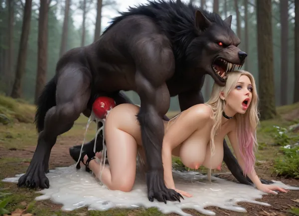 The robot_werewolf with werewolf_skin and red eyes and a massive red knotted lab-grown werewolf_penis fucks the sexiest goth bimbo in doggystyle, in beautiful forest, side view, Robot_werewolf, massive red knotted lab-grown werewolf_penis, sexiest goth bimbo woman, doggystyle, rough sloppy sex, primal mating, excessive thick creamy cum inside, (gallons of excessive thick creamy cum leaking from her pussy:1), excessive thick creamy cum in pussy, excessive thick creamy cum pouring from pussy, massive ejaculations, (bimbo moaning, yelling:1), <lora:Modern_Werewolf:.8>, <lora:671410_training_data:.8>